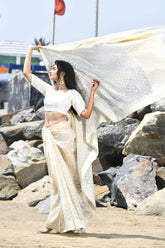 Mehfil-e-Rang' Off-white Pure Resham Cotton Silk Banarasi Handloom Saree